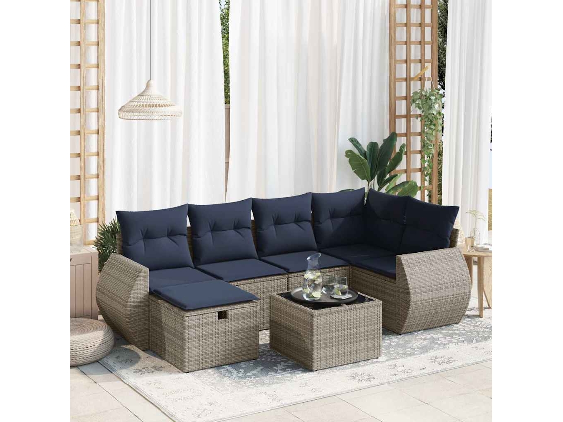 Vidaxl 7 Pcs Conjunto Sofás P/ Jardim C/ Almofadões Vime Pe Cinzento