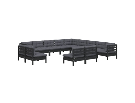 Conjunto Lounge Jardim com Almofadões Pinho Maciço Preto 13 Un