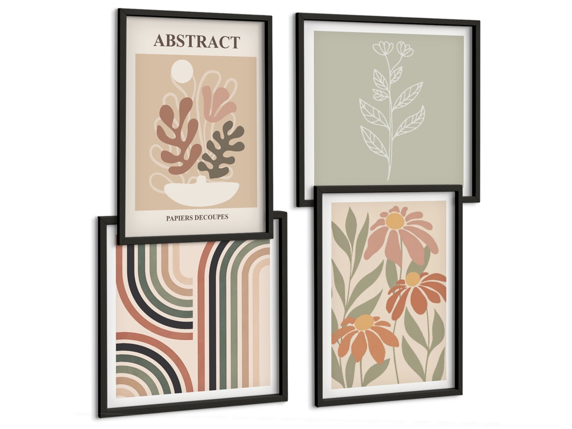 Composição De Quadros Abstrações Vegetais Estilosas Espelharte (4 Peças)