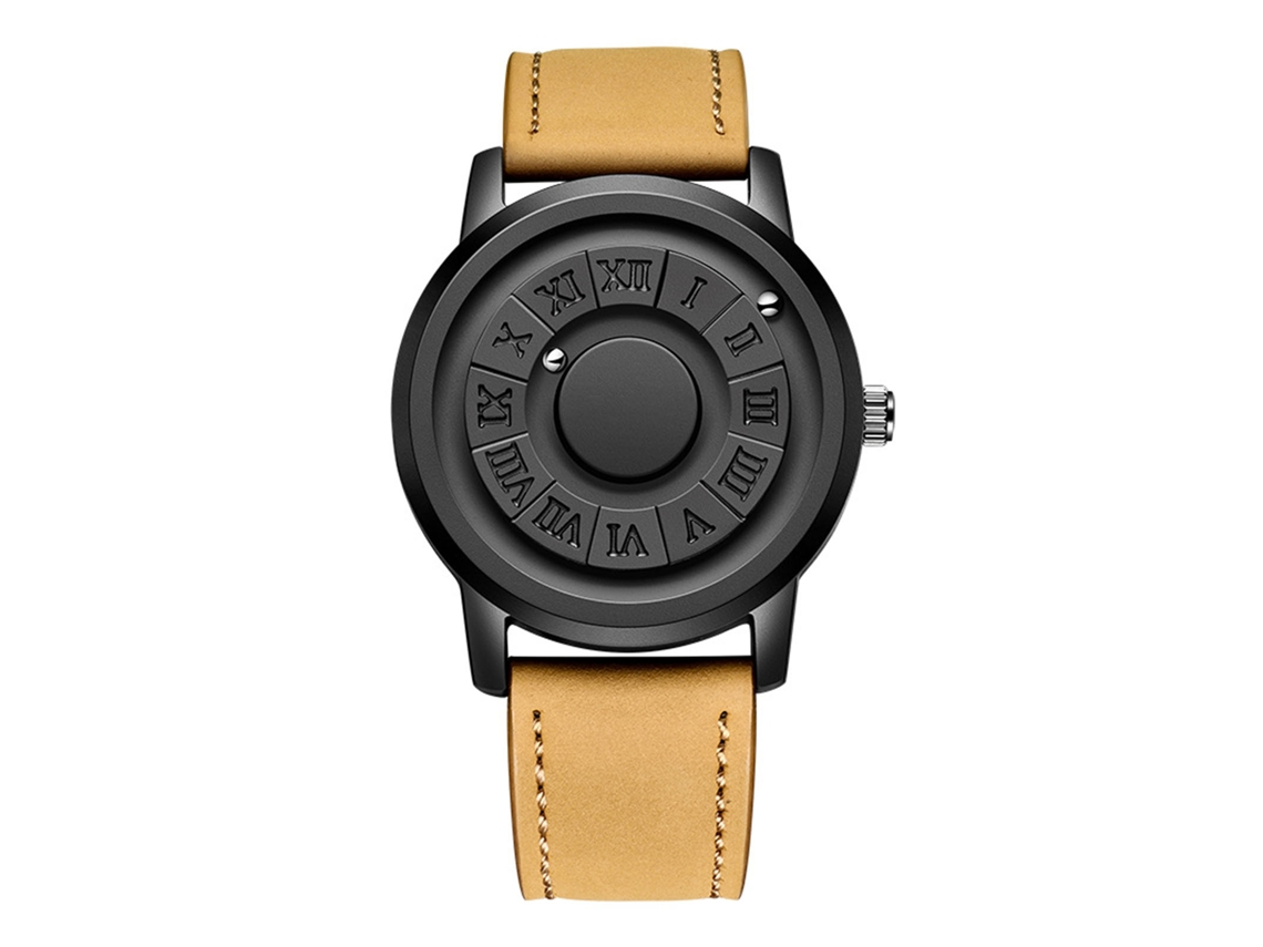 Relógio Masculino com Ponteiro de Bola Magnética Quartz Pulseira de Couro Marrom Preto
