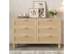 Cômoda Elegante De Madeira Natural Com Seis Gavetas Estilo Rattan E Muito Espaço.