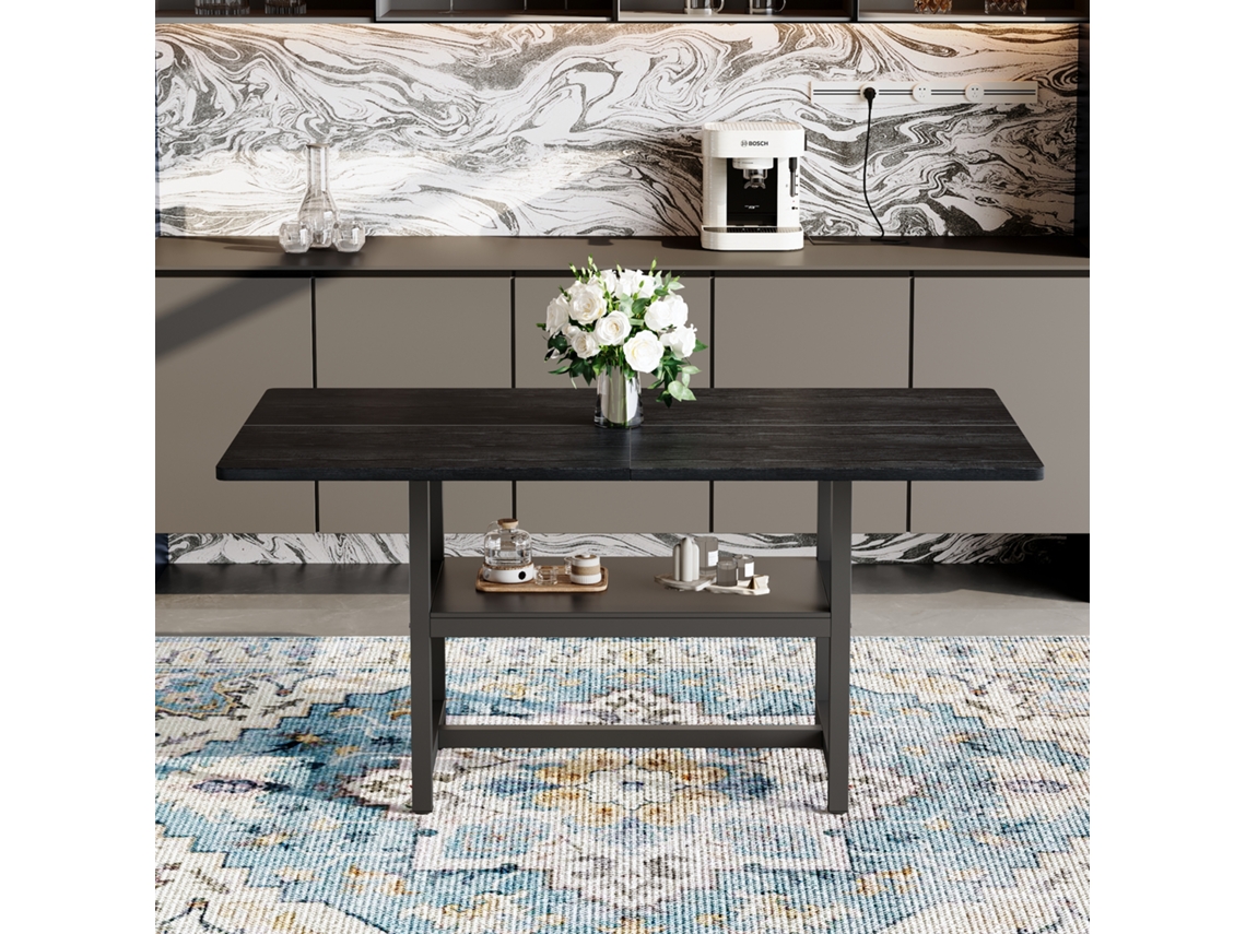 Mesa Retangular Estilo Industrial Preta 160×90×76cm Prateleira Multifunção Para 4-6 Pessoas