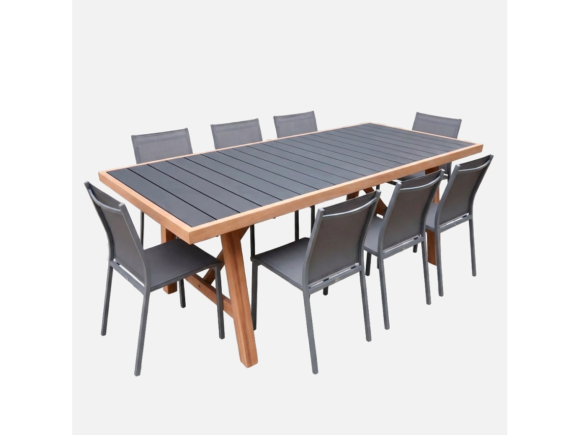 Conjunto De Jardim Com Mesa Em Madeira De Seringueira E Alumínio Com 8 Cadeiras, Antracite