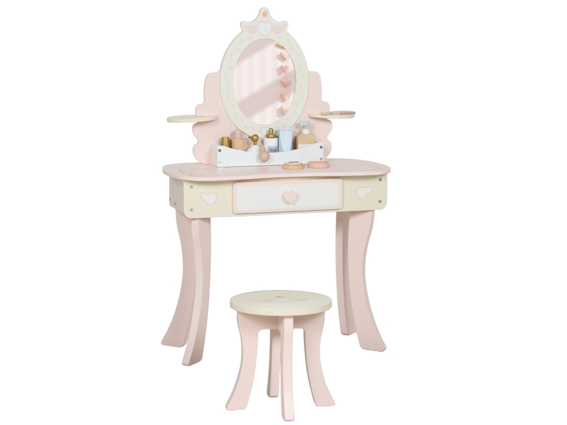 Mesa De Maquiagem Infantil Com Espelho Removível, Cadeira E Gaveta, Design 2 Em 1, Mdf, Rosa, 7 Acessórios Inclusos