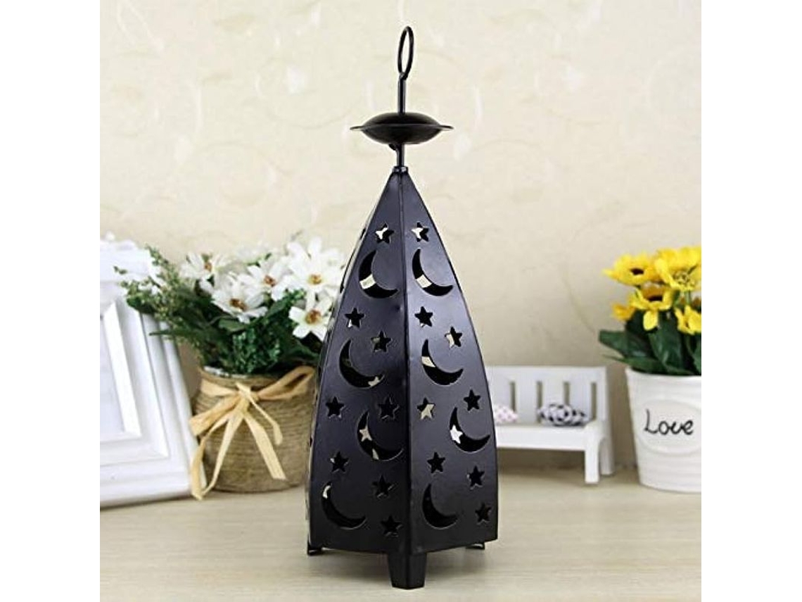Suporte de Vela Nova Line, Ferro, Lanterna Decorativa, Lua e Estrelas, Preto