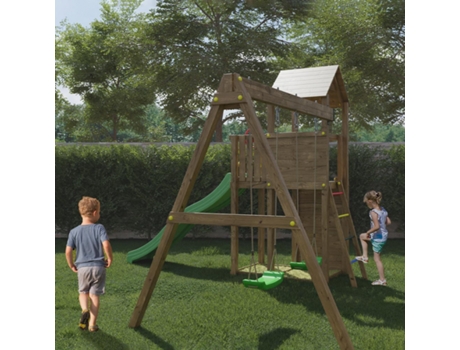 Torre com escorregador baloiços caixa de areia parque infantil crianças madeira Boomer