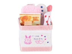 Caixa de brinquedos em miniatura ats para boneca bebê rosa bonita com brinquedos para casa de boneca acessórios 1/12