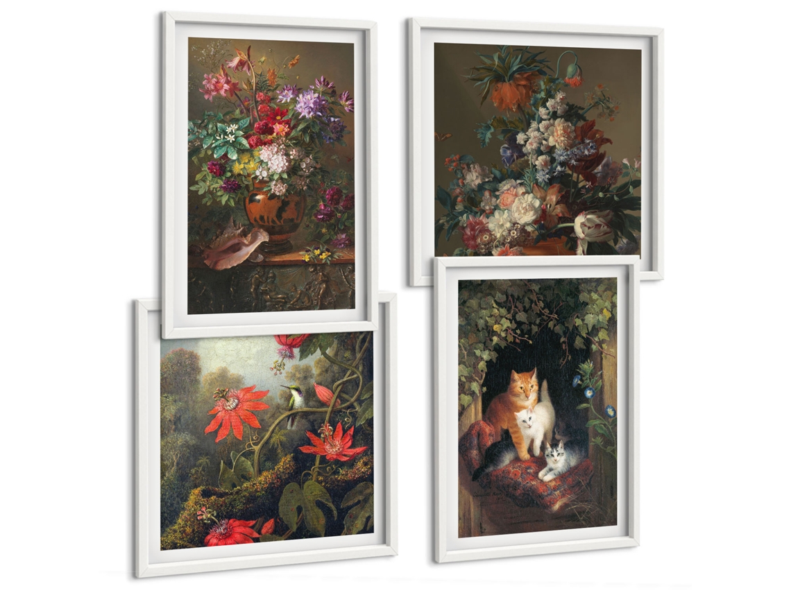 Composição De Quadros Gatos Florais Estilo Vintage Espelharte (4 Peças)
