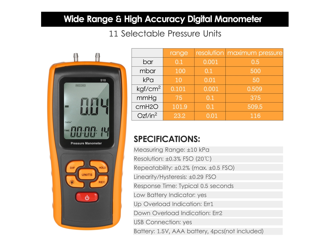 Manômetro Digital Preciso ±10 Kpa para Hvac e Pressão