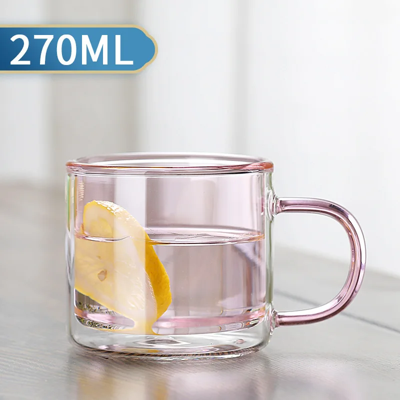 Caneca de Vidro Colorido com Isolamento Térmico de Parede Dupla , Caneca Transparente para Café Expresso. MDUG (rosa, 270 Ml)