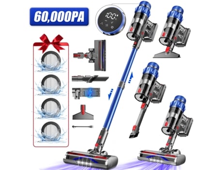 Aspirador de pó vertical sem fio de 60 kPa, 3 níveis de sucção, display LED, autonomia de 70 minutos, escova móvel, fragrância, ideal para carpetes e pisos de madeira