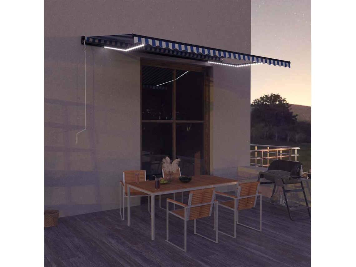 Vidaxl Toldo Com Sensor De Vento E Led 500x300 Cm Azul E Branco