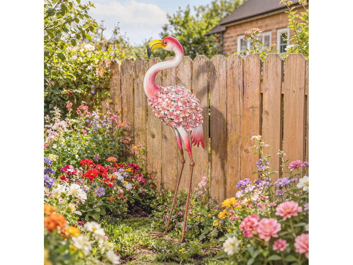 Estátua de Jardim Rosa Flamejante, Escultura em Metal com Plumas Florais, 28 x 19 x 83 cm, Vermelha
