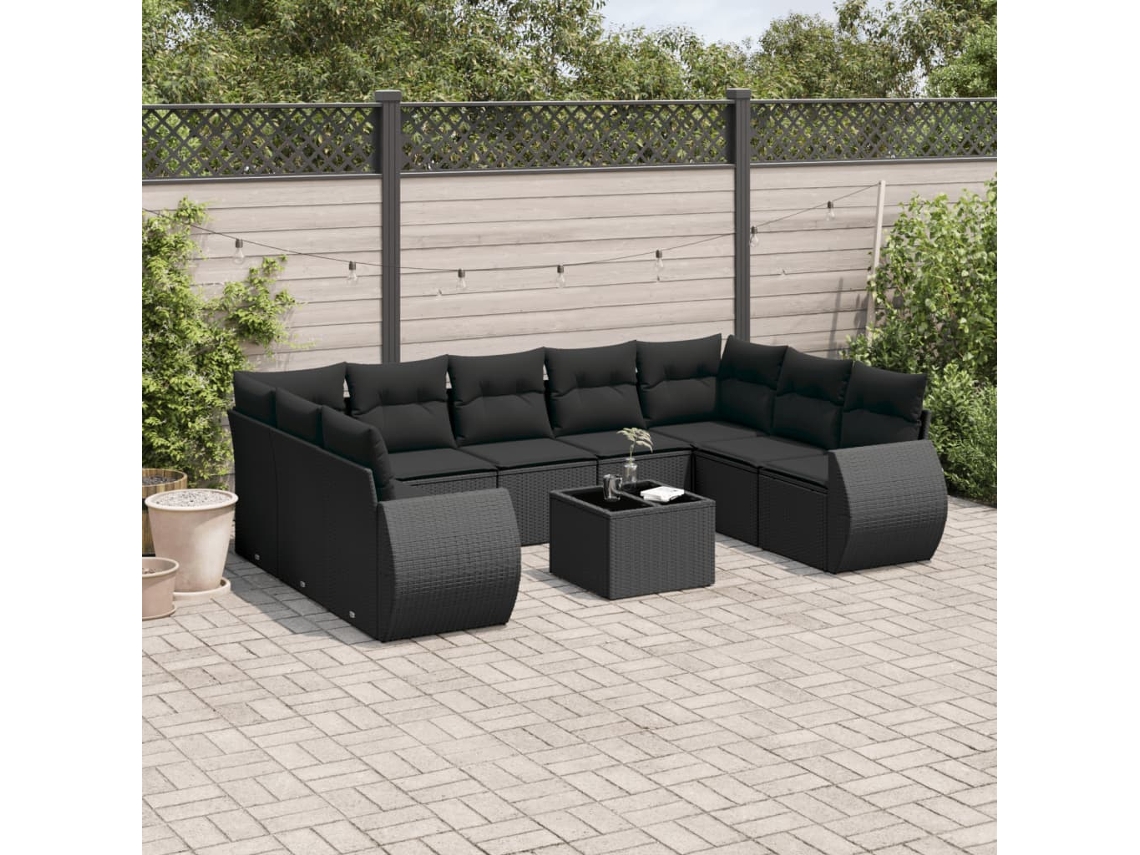 Vidaxl 10 Pcs Conjunto Sofás De Jardim C/ Almofadões Vime Pe Preto