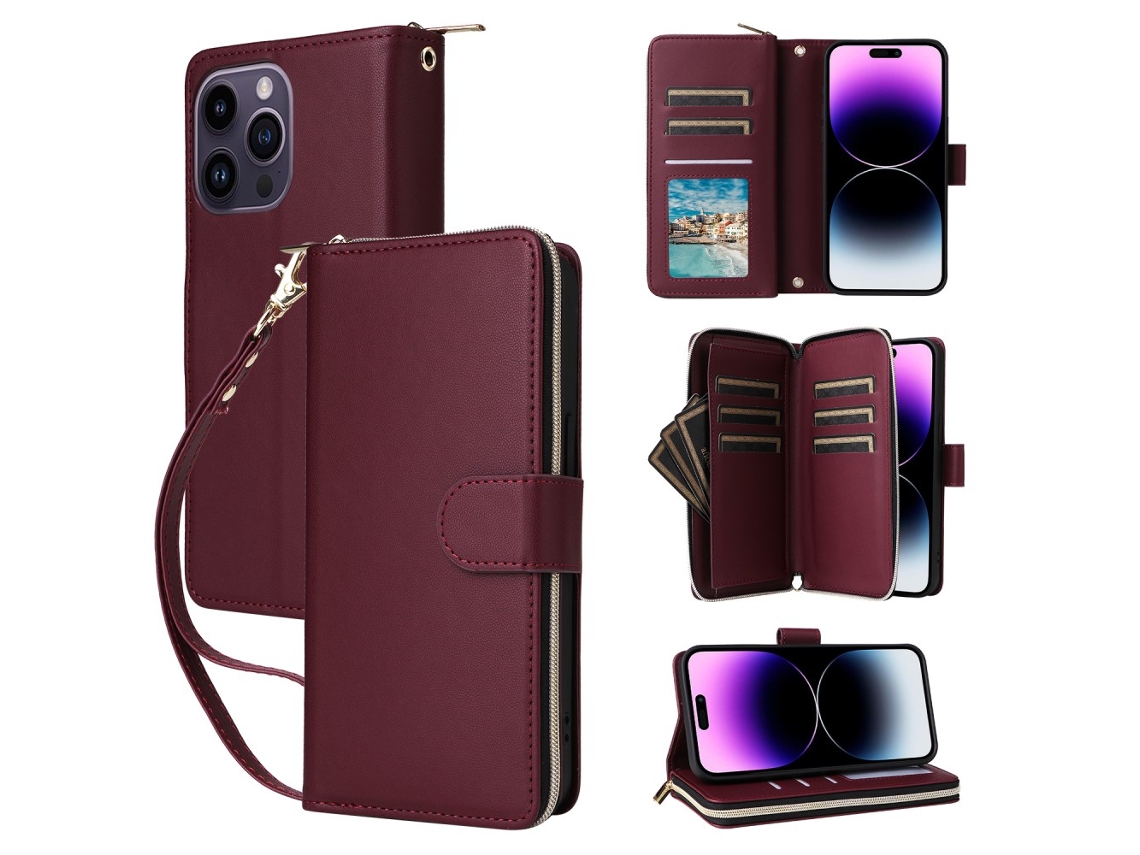 Capa Para Iphone 14 Pro Pele Sintética Com Porta-cartões Vermelho