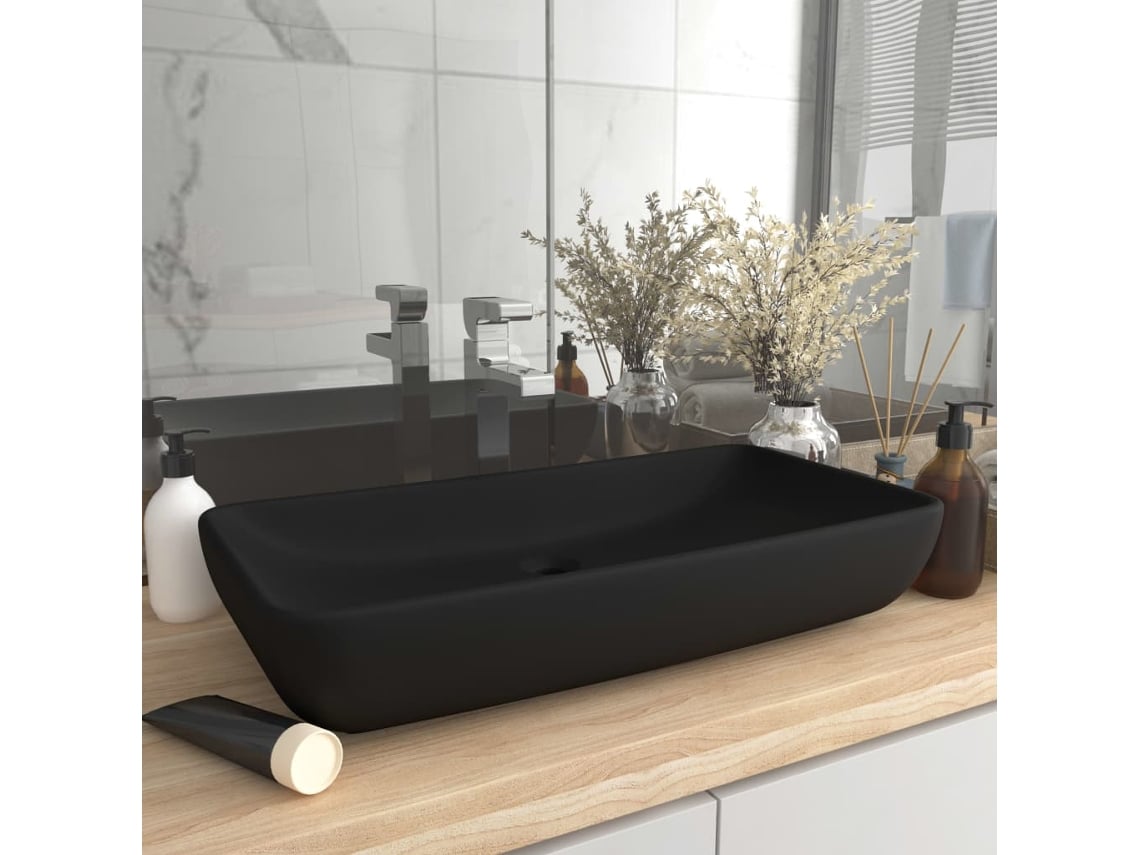 Lavatã³rio Luxuoso Retangular 71x38 Cm Cerã¢mica Preto Mate DKD HOME DECOR