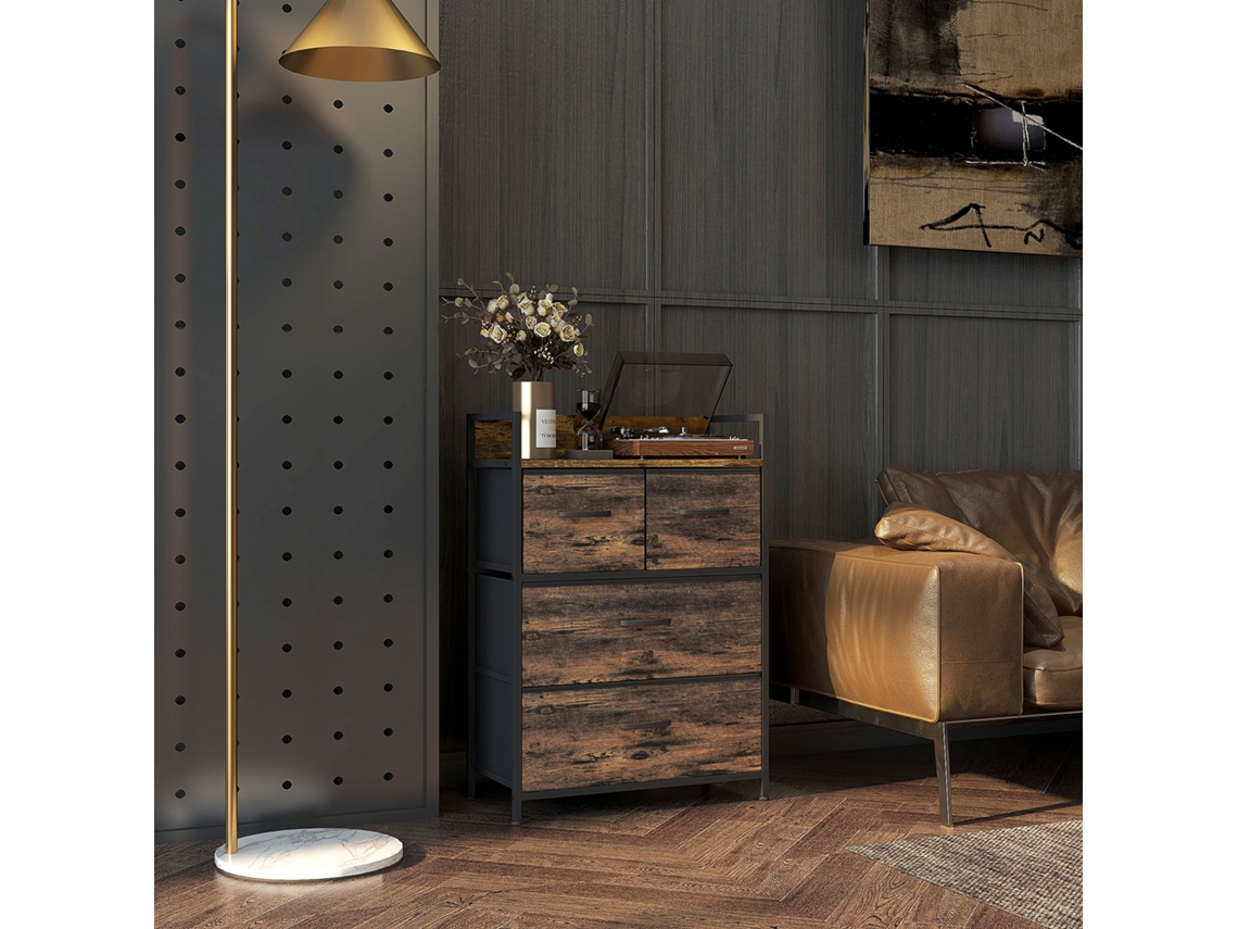 Kommode, Sideboard, 4 Stoffschubladen, Industrial Design, 60x29x85cm, Braun/schwarz