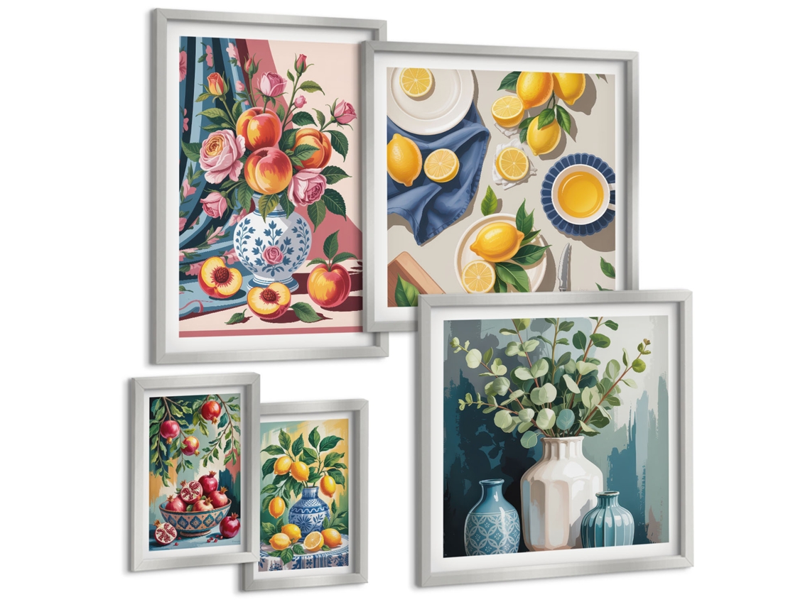 Quadros Decorativos Para Parede Paisagens Italianas, Rua À Beira Do Rio Moldura Prateada Fotos Para O Escritório Espelharte (conjunto De 5 Imagens)