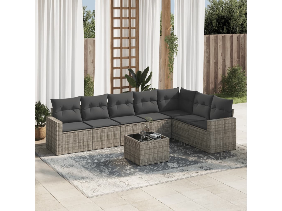 Vidaxl 8 Pcs Conjunto Sofás De Jardim C/ Almofadões Vime Pe Cinzento