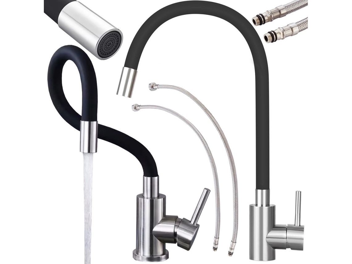 Torneira De Cozinha Flexível Giratória 360°, Aço Inoxidável, Pulverizador Pull-down, Design Moderno