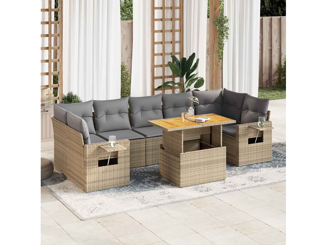Vidaxl 8 Pcs Conjunto De Sofás P/ Jardim Com Almofadões Vime Pe Bege