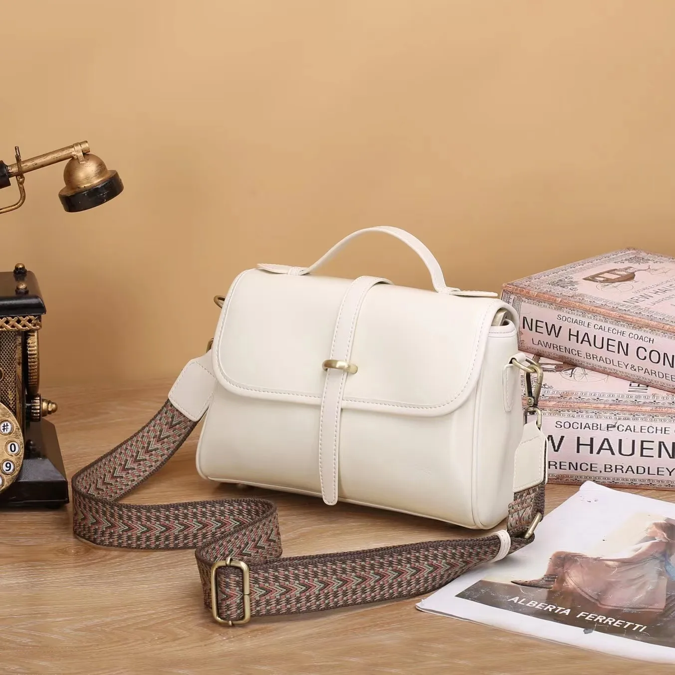 (9257-branco) Nova Bolsa Feminina Retrô, Bolsa De Ombro Em Couro Bovino, Bolsa Transversal Feminina Em Couro Genuíno De Alta Qualidade