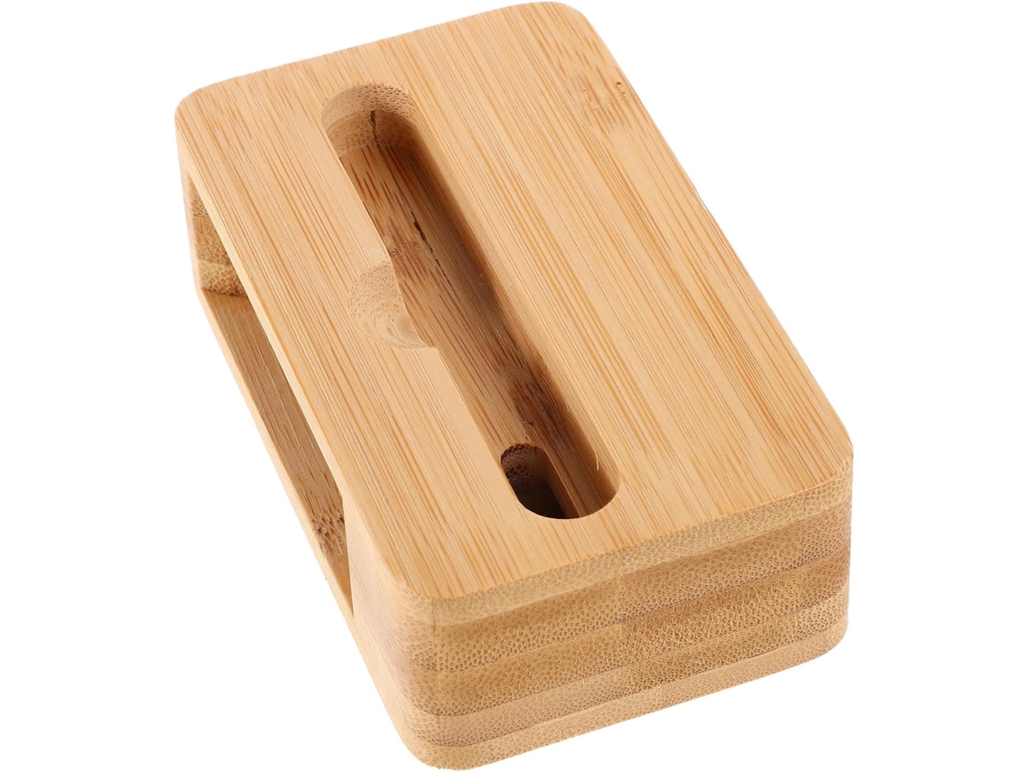 Mini suporte de bambu para celular com amplificador de som.