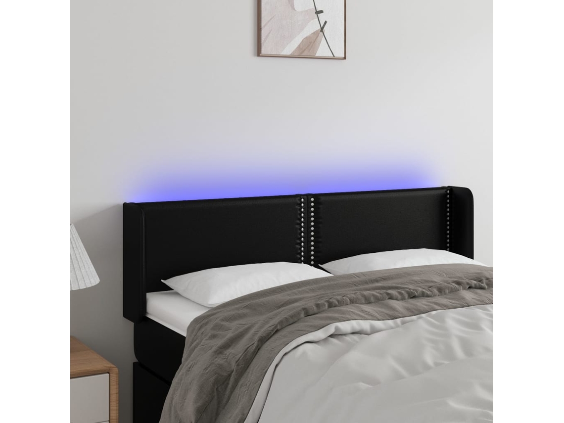 Vidaxl Cabeceira De Cama C/ Led Couro Artificial 147x16x78/88 Cm Preto