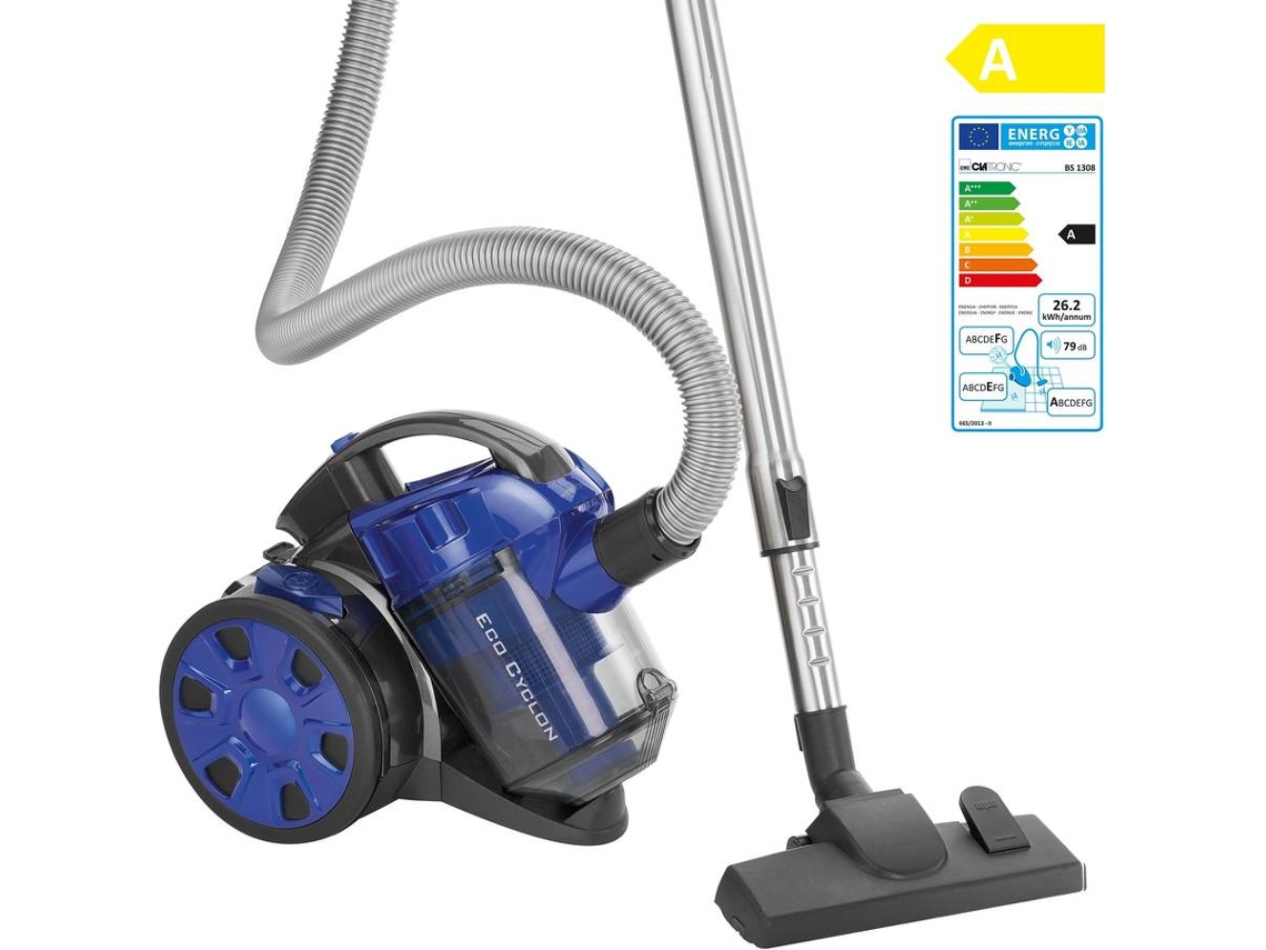 ASPIRADOR S/ SACO CLATRONIC BS 1308 AZUL, 700W, filtro HEPA, escova de chão com tubo telescópico, inclui escova/bocal para fendas, enrolador automático do cabo, pega de transporte