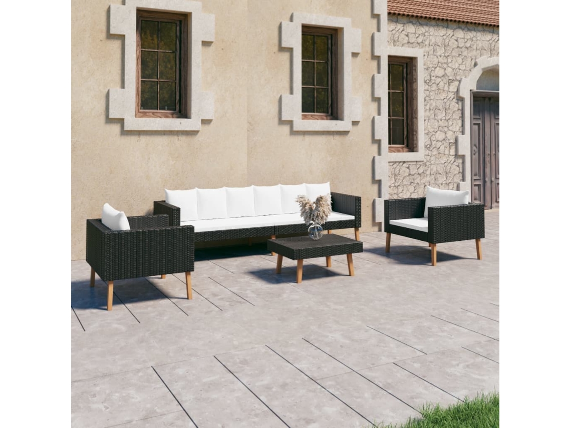 Vidaxl 4 Pcs Conjunto Lounge De Jardim C/ Almofadões Vime Pe Preto