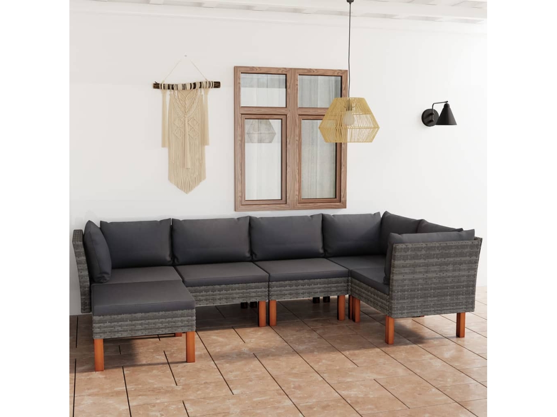Vidaxl 6 Pcs Conjunto Lounge De Jardim C/ Almofadões Vime Pe Cinzento