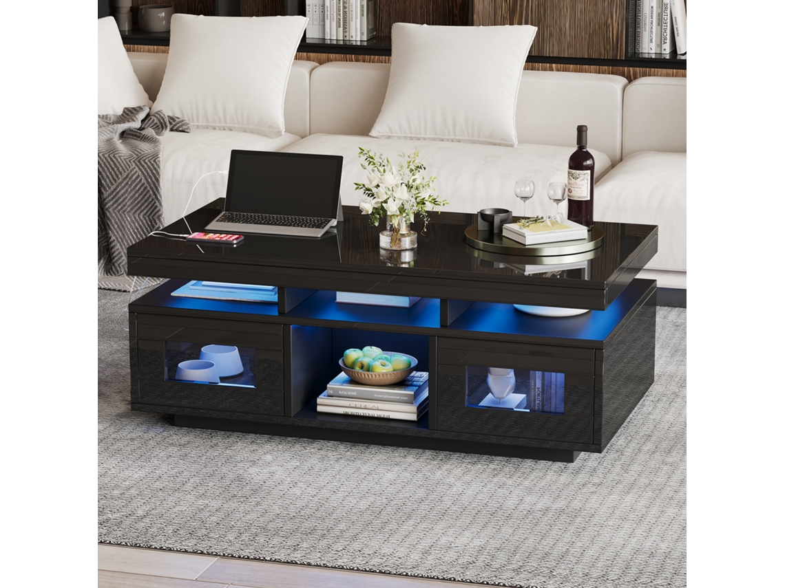 Mesa De Centro De 100×50×43cm, Com Luzes Led Controláveis Por Aplicativo Móvel, Com Armário, Porta De Carregamento E Tomada Elétrica.