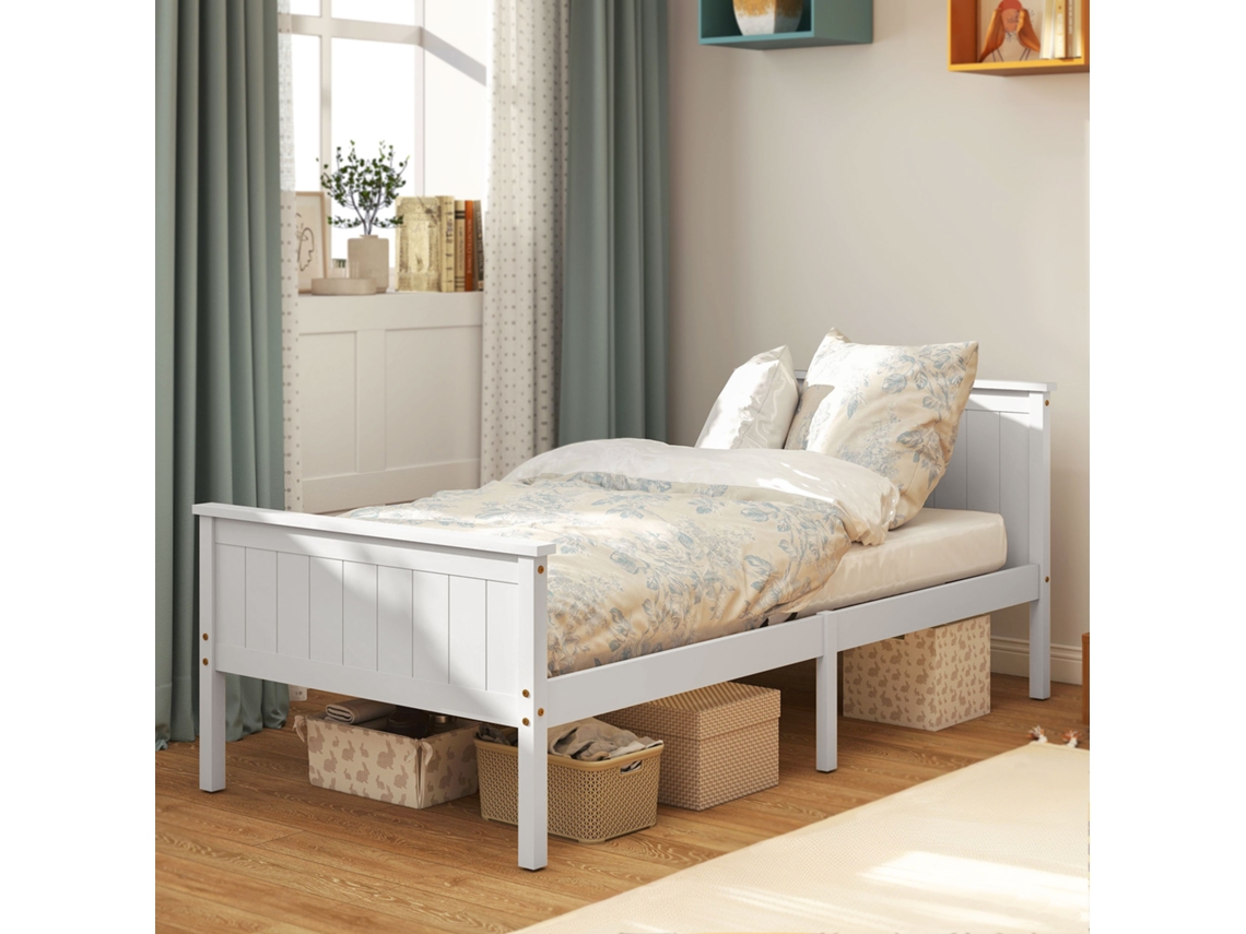 Cadre De Lit 90 X 200 Cm, Lit Simple En Bois Massif Avec Sommier À Lattes Tête Et Pied Inclus, Assemblage Facile, Blanc