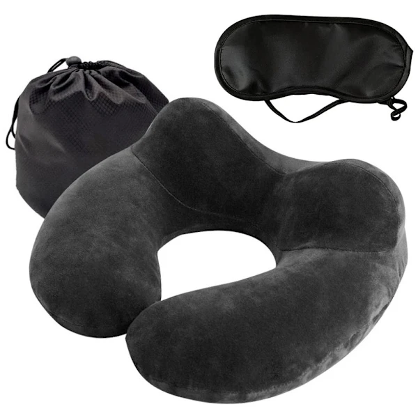 Kit de Viagem 3 em 1, Travesseiro Inflável para Pescoço e Máscara de Dormir Preta AQUAFORGE