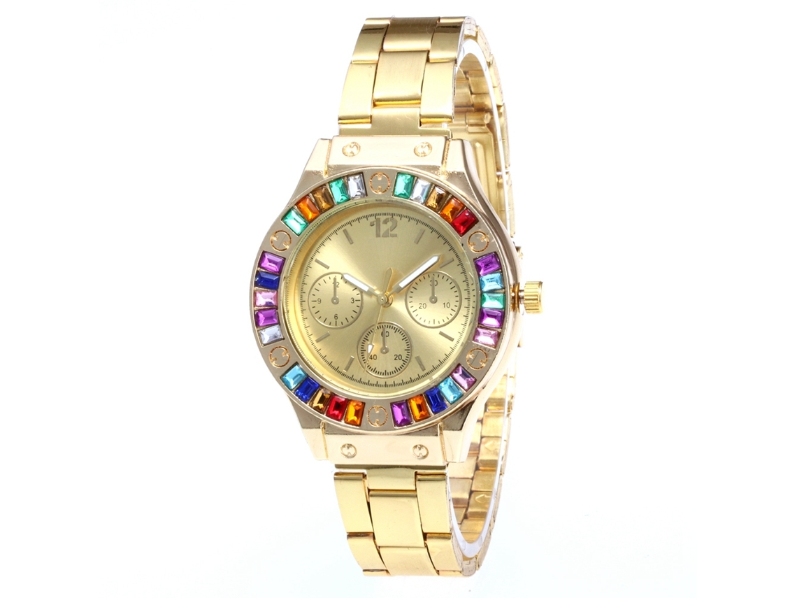 Relógio de Quartzo com Pulseira de Aço Estilo Fashion com Mostrador Colorido Universal (ouro)