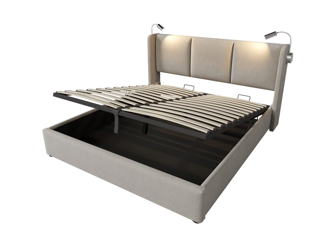 Cama de casal estofada com baú e luz de leitura Usb, cabeceira em linho, 140x200, para quartos juvenis PAPRIKA