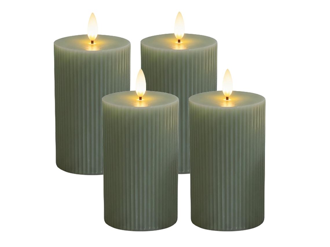 Velas Led Relaxdays, Conj. 4, A X D: 13 X 7,5 Cm, Chama Oscilante, Cera Natural, Sulcos, Velas Bloco Sem Chama, Sálvia