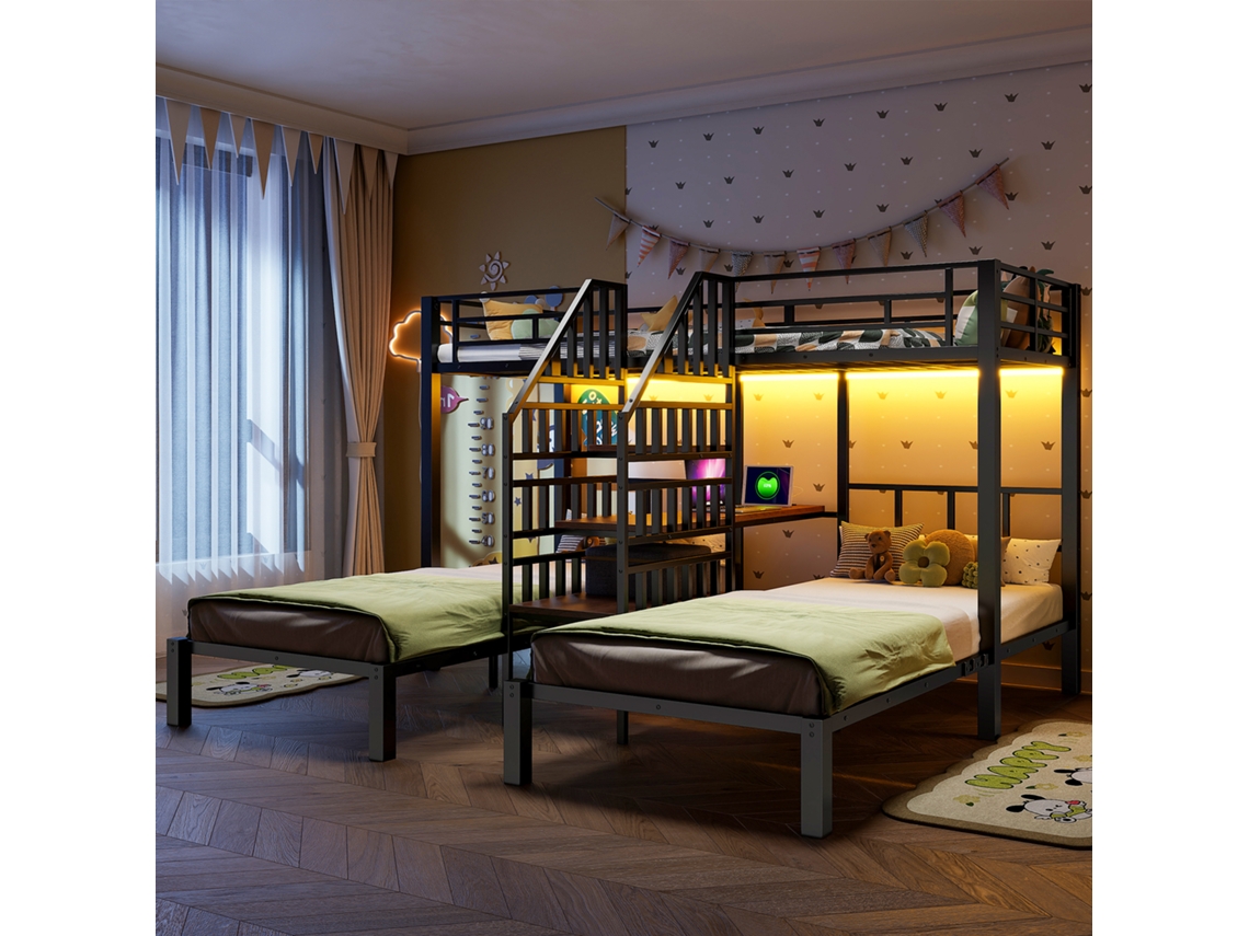 Beliche 90x200, Preto, 3camas+led+escada+usb+soquete+escrivaninha+prateleira Cs