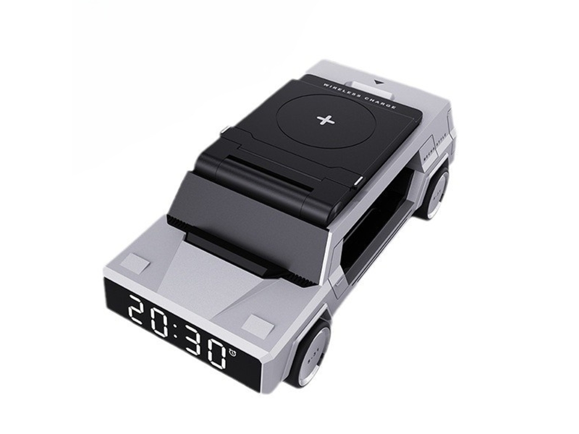Relógio multifuncional de liga de zinco com suporte criativo para mesa de carro, carregamento rápido sem fio de 20 W e disco rígido moderno e avançado (prata).