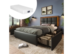 Cama Solteiro 90x200 Led 4 Gavetas Pu Preto Cabeceira Ajustável Colchão Incluído