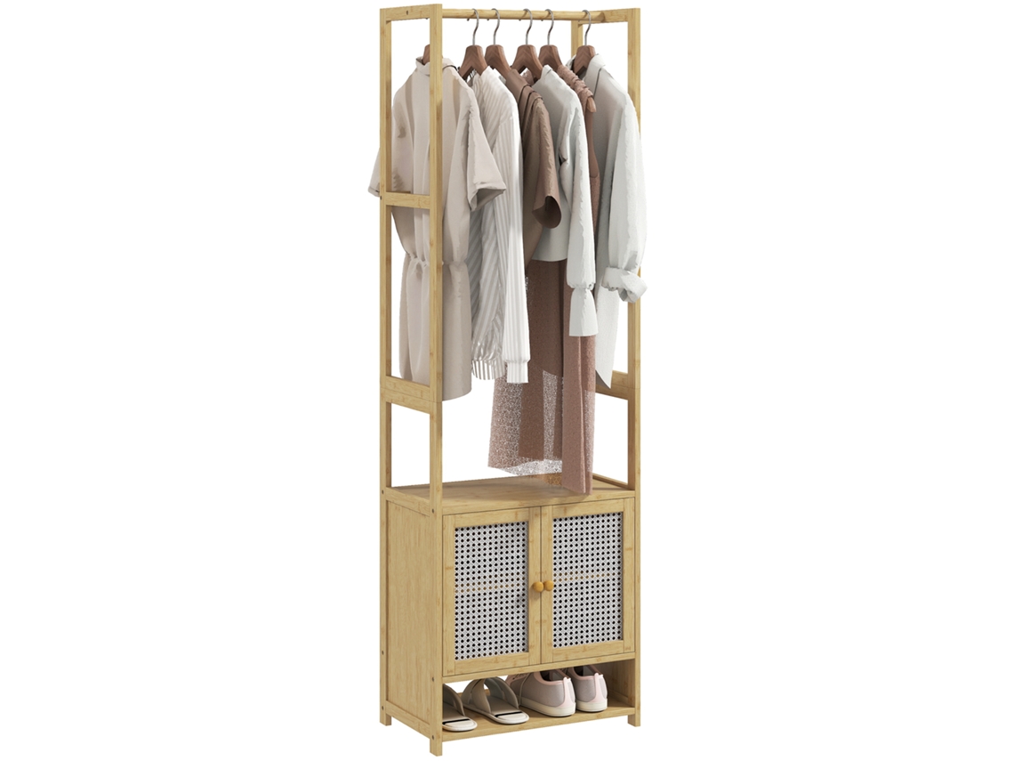 Criado-mudo Bambu C/ Armário Sapatos, Bar E Prateleira Ajustável, 53x31x168 Cm, Natural