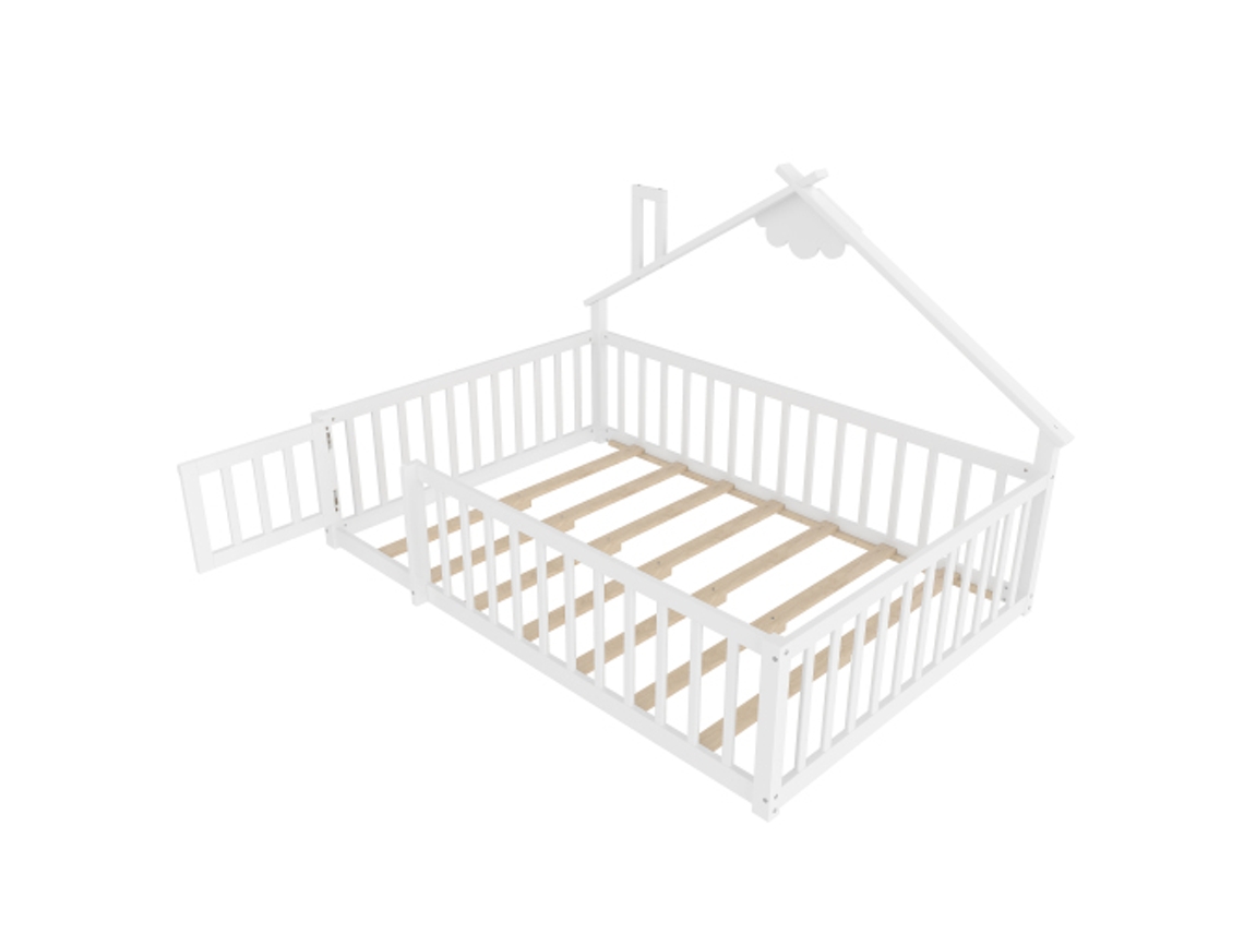 Cama Plana, 14x19 Cm, Cama Infantil, Grade De Proteção Em Formato De Casinha, Grade Com Trava, Madeira De Pinho, Branca