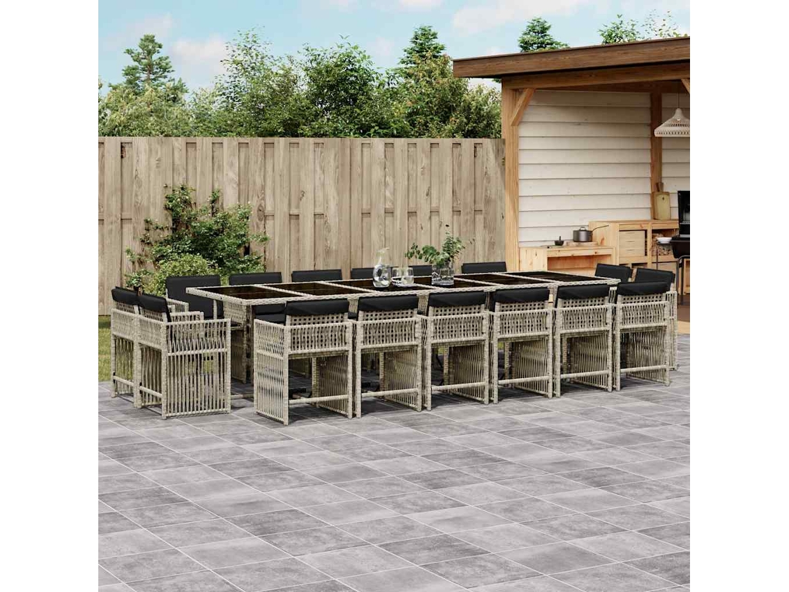 Vidaxl 17 Pcs Conj. Jantar Jardim C/ Almofadões Vime Pe Cinzento-claro