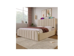 Cama 140x200cm Bege Com Cabeceira Dupla Acolchoada, 4 Gavetas, Faixas Douradas, Porta Usb C, Suporta Até 181kg . Hvorstur (sem Colchão)