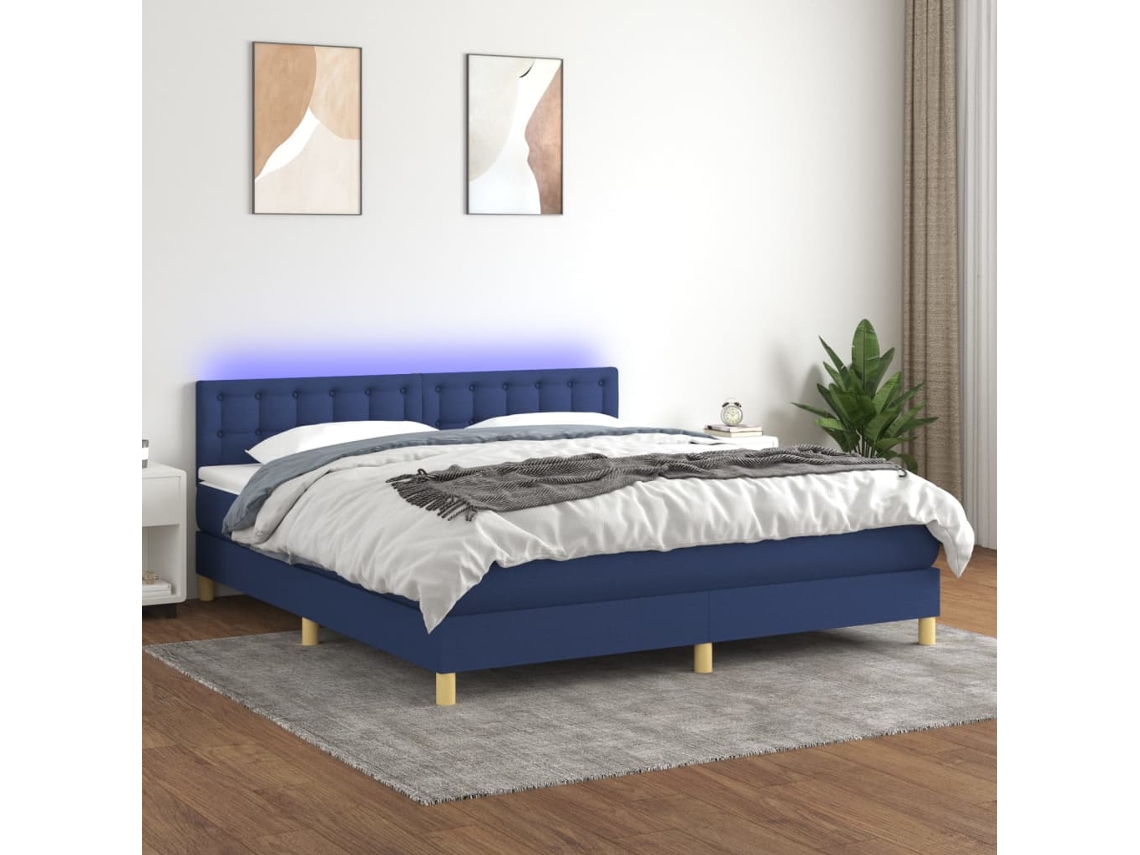 Vidaxl Cama Box Spring C/ Colchão E Led 180x200 Cm Tecido Azul