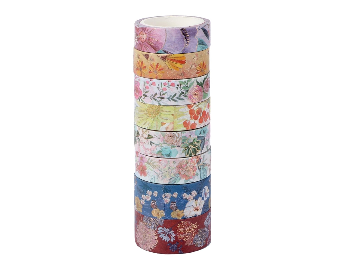 Fita Adesiva Decorativa De Papel Washi, Com Estampa De Flor Em Tom Bronze, 8 Rolos De 5 Metros Cada, Para Artesanato,