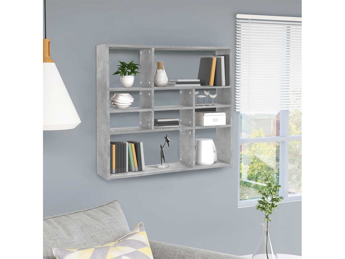 Vidaxl Estante De Parede 90x16x78 Cm Contraplacado Cinzento Cimento