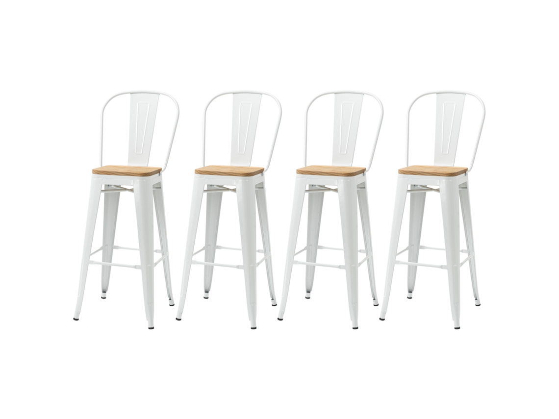 Conjunto De 4 Bancos Altos Empilháveis Com Encosto Apoio Para Os Pés Assento De Madeira 44x53x116 Cm Branco