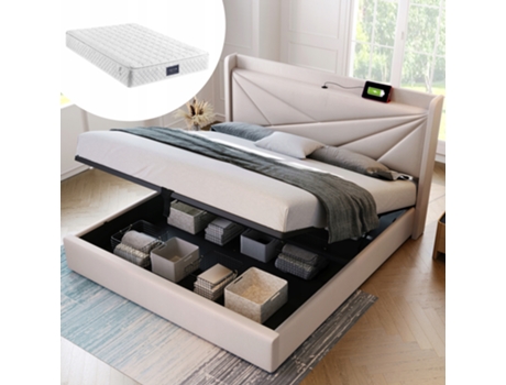 Cama De Casal Arhatreya Com Usb Tipo C No Cabecete (160x200 Cm Natural)