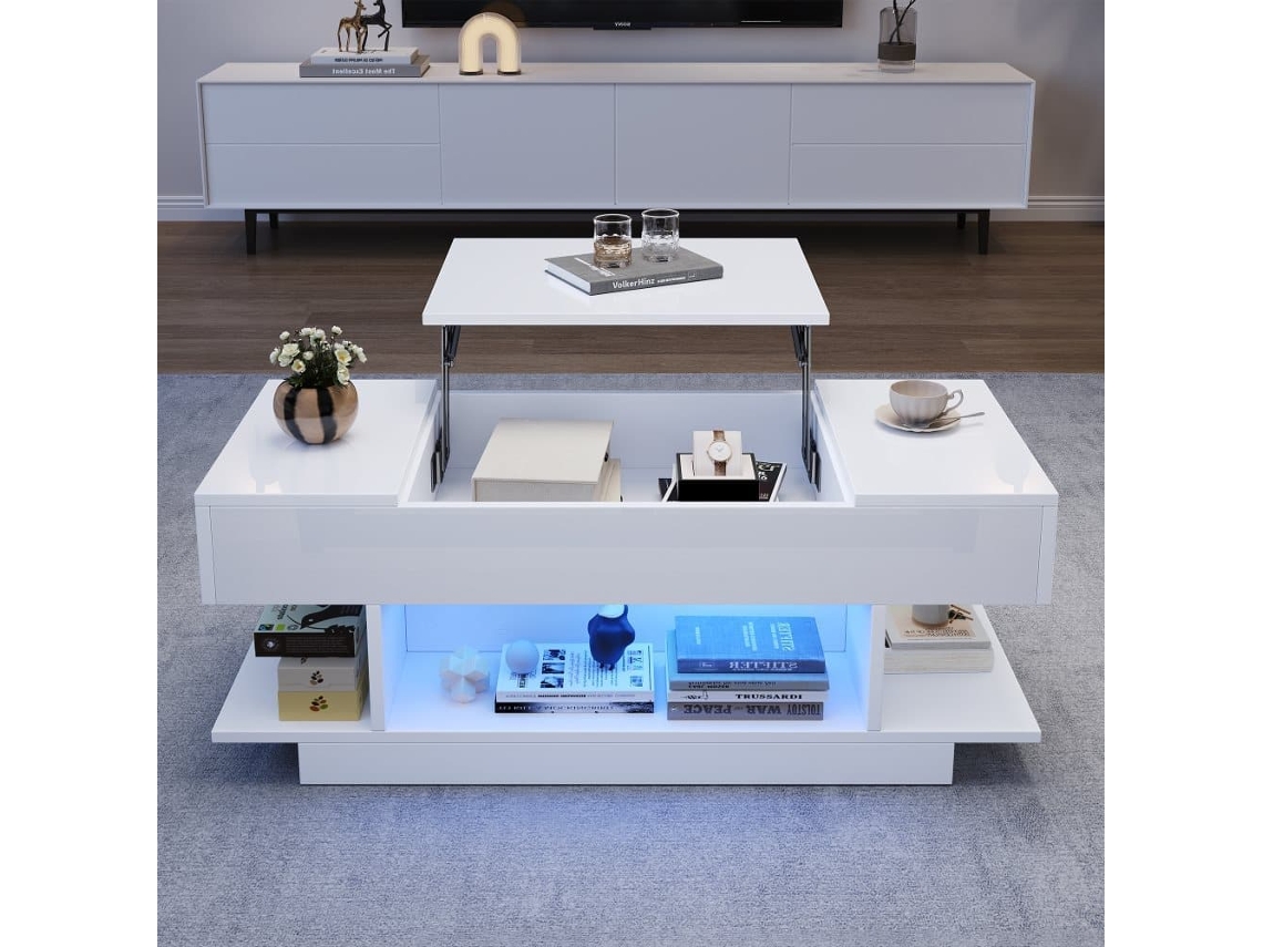 Mesa De Centro Elevável 98x45x40 Cm - Sofá Com Mesa Elevável, 2 Armários Dobráveis, Led, Branco